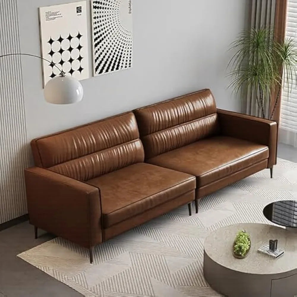 Mid-Century 3-Seater Leather Sofa with Removable Backrest and Cushions, Vintage Modern Lounge Couch for Office, Apartment