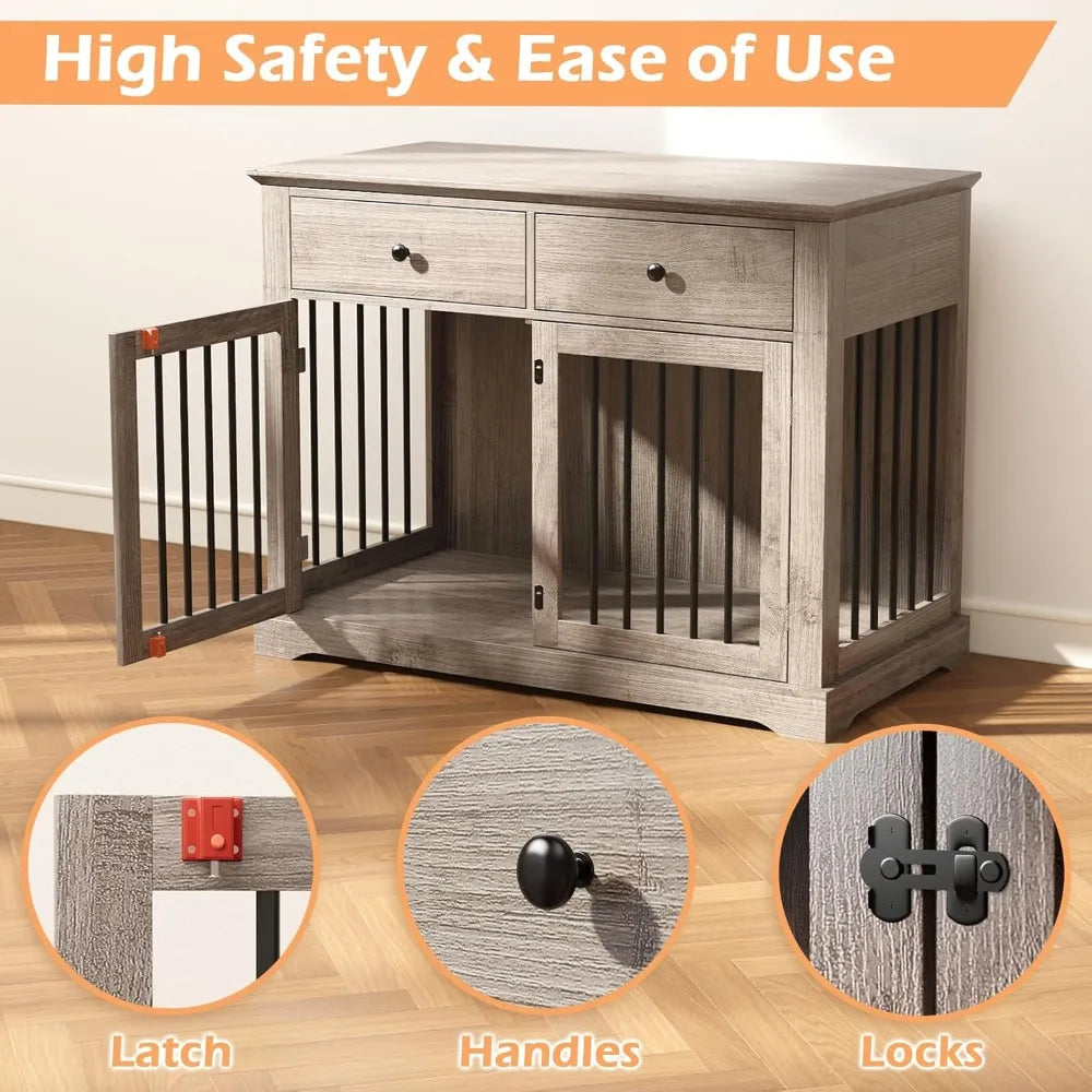 Large Wooden Dog Crate with Storage Drawers, 46 Inch Heavy-Duty Indoor Dog Kennel Furniture