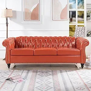 Chesterfield Sofas, 85" PU Couch,Tufted 3 Seats Living Furniture with Rolled Arm Stud Trim and Solid Wood Legs, Mid-Century Sofa