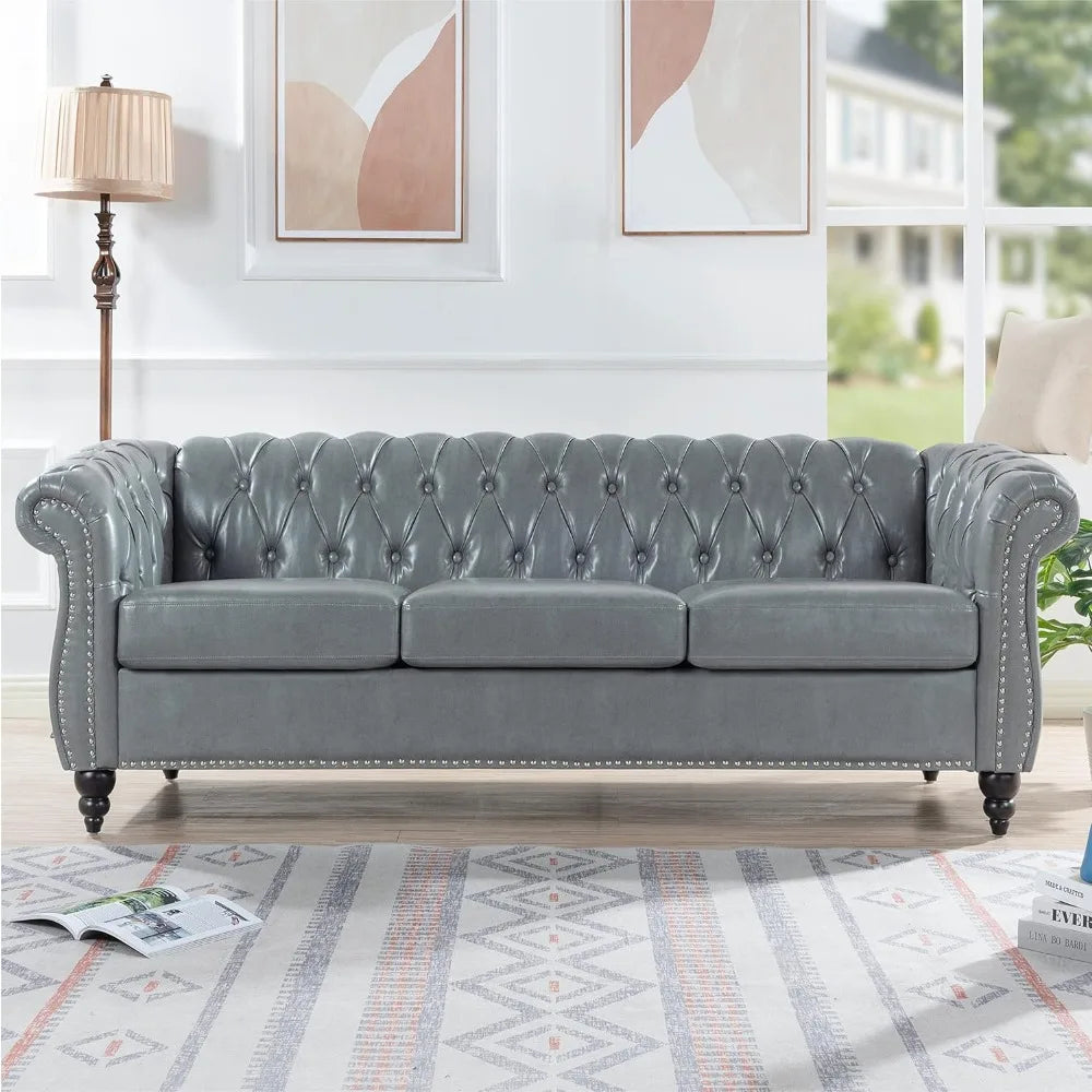 Chesterfield Sofas, 85" PU Couch,Tufted 3 Seats Living Furniture with Rolled Arm Stud Trim and Solid Wood Legs, Mid-Century Sofa