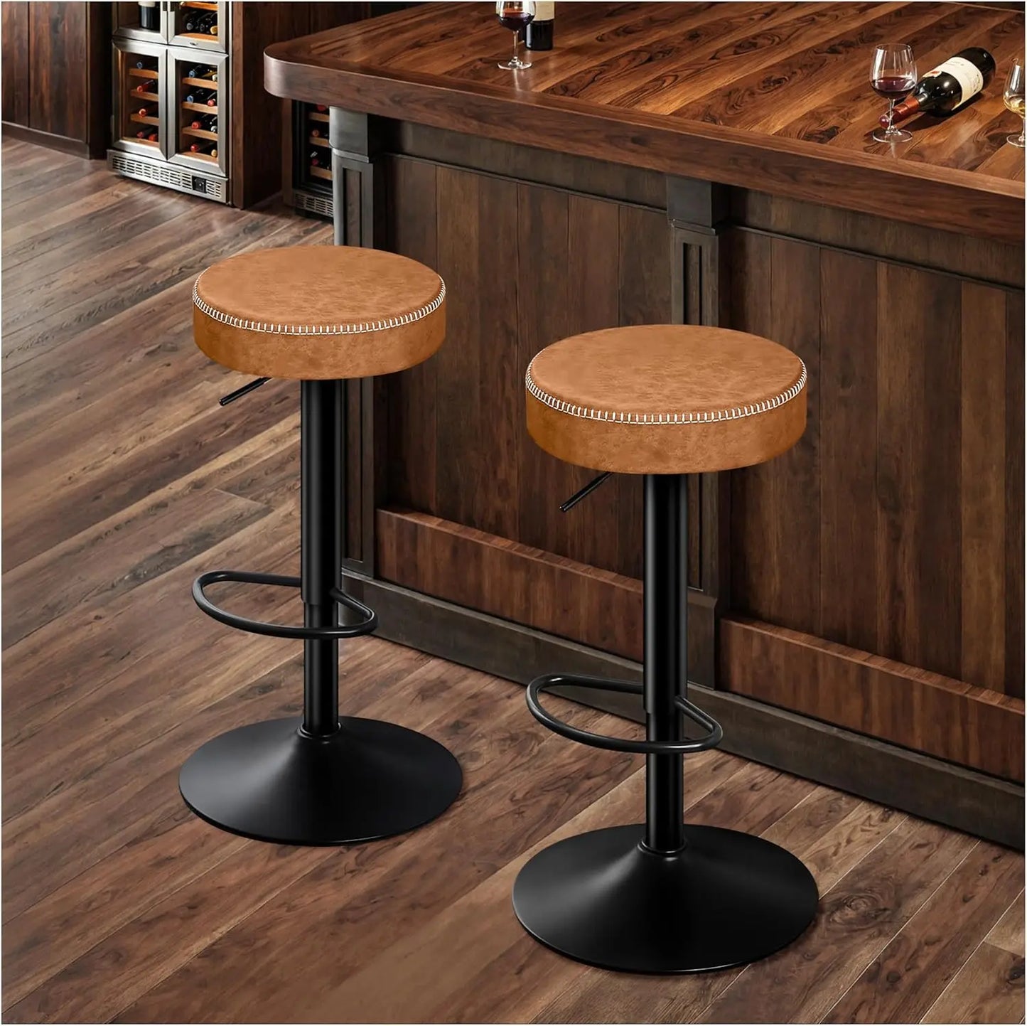 Adjustable Bar Stools Set of 2 Backless Kitchen Barstools with Round Seat 360°Swivel Counter Height Bar Stools Modern Microfiber