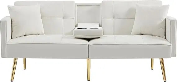 Convertible Velvet Futon Sofa Bed,Sleeper Sofa Couch with Two Pillows and Golden Metal Legs for Living Room (Cream White)