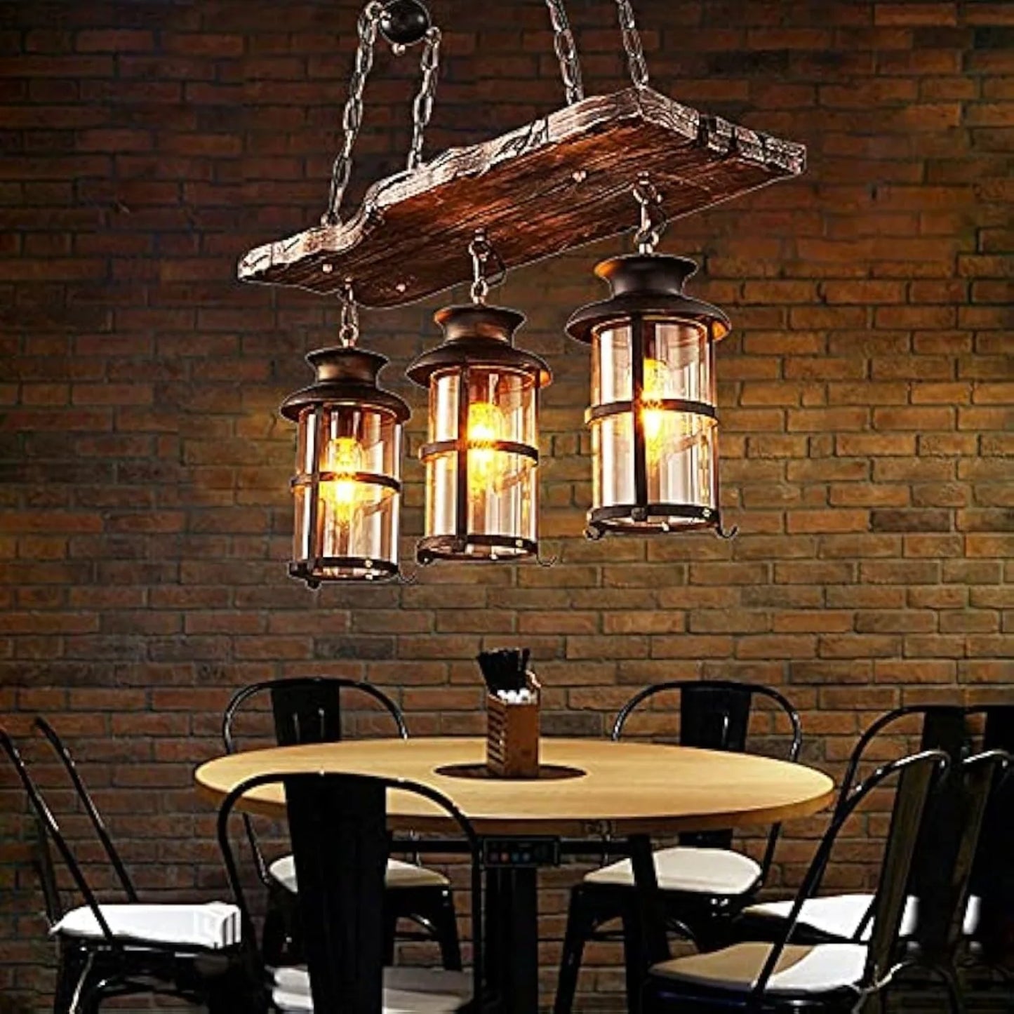3-Light Rustic Kitchen Island Pendant Lamp Farmhouse Wood Iron Chandelier Industrial Ceiling Hanging Light with Glass Lampshade