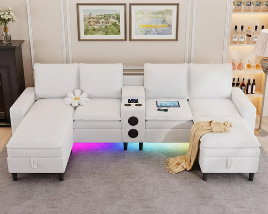 4 Seat Sectional Sofa with Smart Module-Bluetooth Speaker/RGB Light/Charging Station, Teddy Fleece U Shaped Cloud Couch