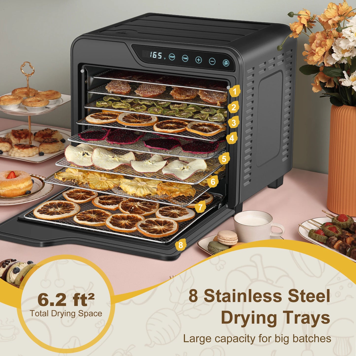 8-Tray Stainless Steel 625W, 165°F for Jerky/Fruit/Dog Treats, 50 Recipes, ≤48dB, Auto Shutoff, Dishwasher Safe Food Dehydrator