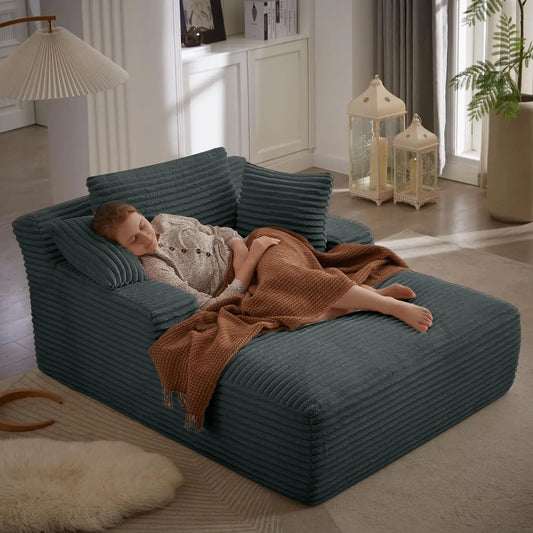 50 Inch Chaise Lounge Chair Indoor, Oversized Corduroy Upholstered Boneless Sofa Bed, Deep Seat Sleeper Couch Reading Chairs