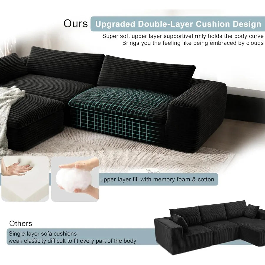 85'' Living Room Sectiol Couch with Double Layer Black Plh Corduroy Fabric 2 Seater Boneless L Shaped Cloud Couch in a Box No A