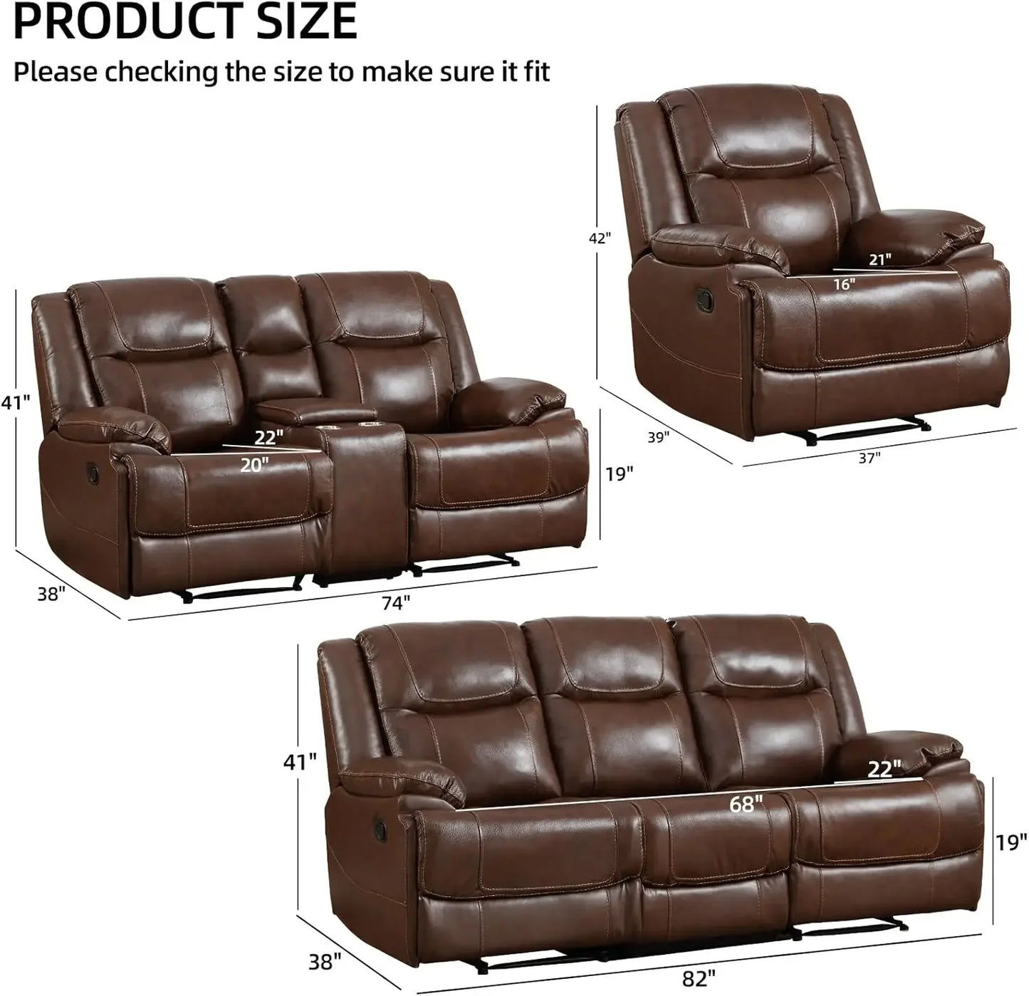 Genuine Leather Manual Recliner Sofa Set, Loveseat Reclining Sofa and 3 Seat Sofa, Couch Furniture Set for Living Room