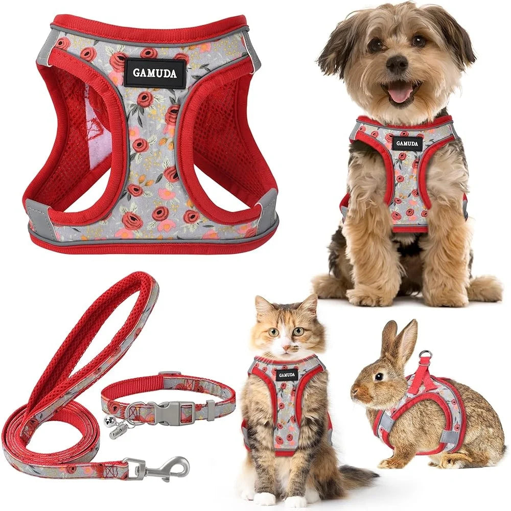 Adjustable Small Dog Harness Collar Leash Set No Pull Soft Mesh Step In Reflective Vest with ID Tag
