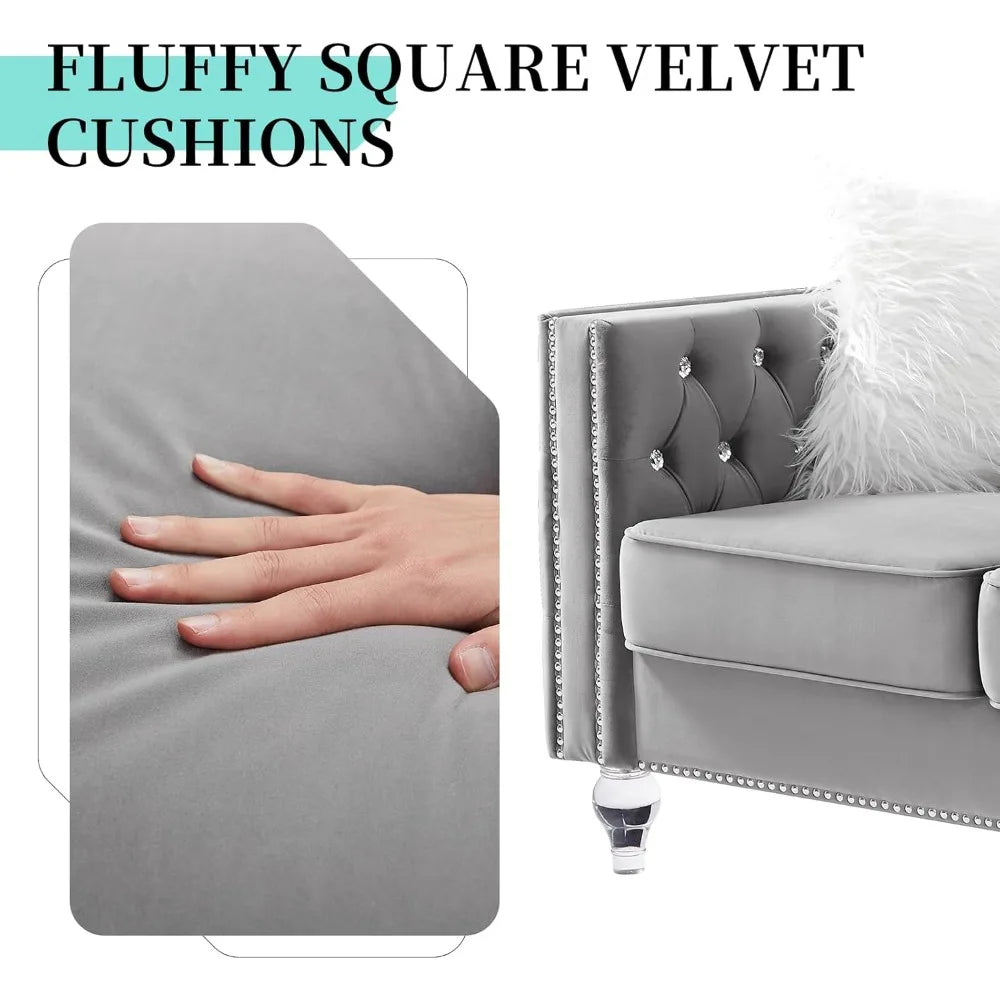 83" Chesterfield Sofa, Velvet Mid-Century Modern Upholstered Couch with 2 Throw Pillows and Acrylic Legs, Nailhead Button Tufted