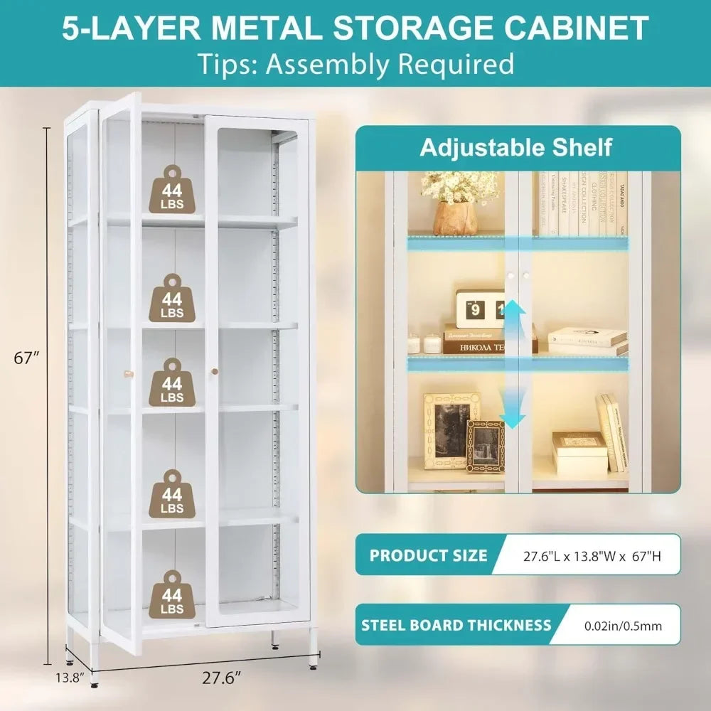 Curio Cabinets with Glass Doors, 67" 5 Tier Glass Display Cabinet with 12 Color RGB Lights & 4 Adjustable Shelves