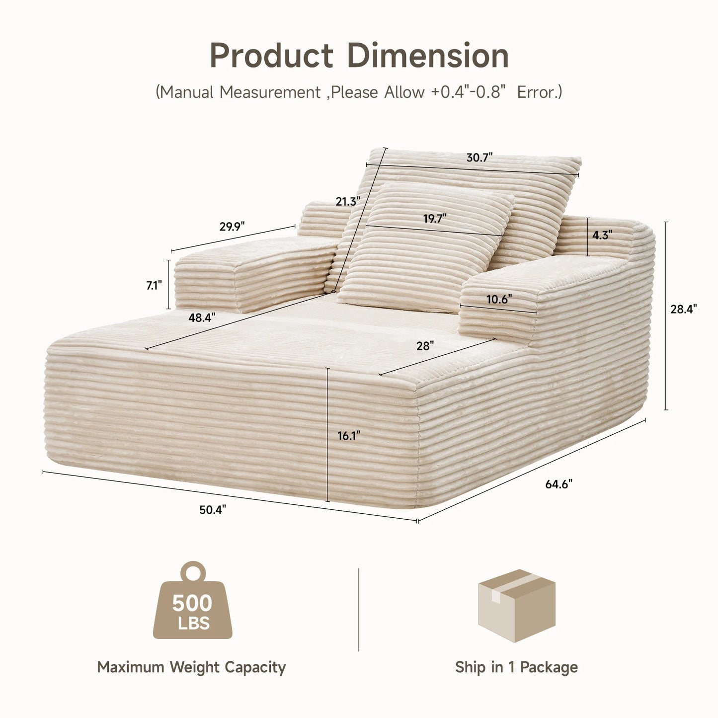 Chaise Lounge Chair, 65" Oversized Corduroy Sofa Bed, Cloud Sleeper Chairs With Wide Armrests, Couches for Living Room , Bedroom