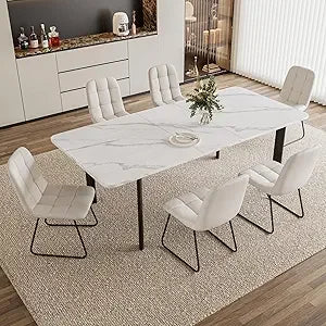 Extendable Dining Table Set for 6-8 People, 63 to 78.7 Inch MDF Kitchen Table with 6 Upholstered Chairs, Space-Saving for Dining
