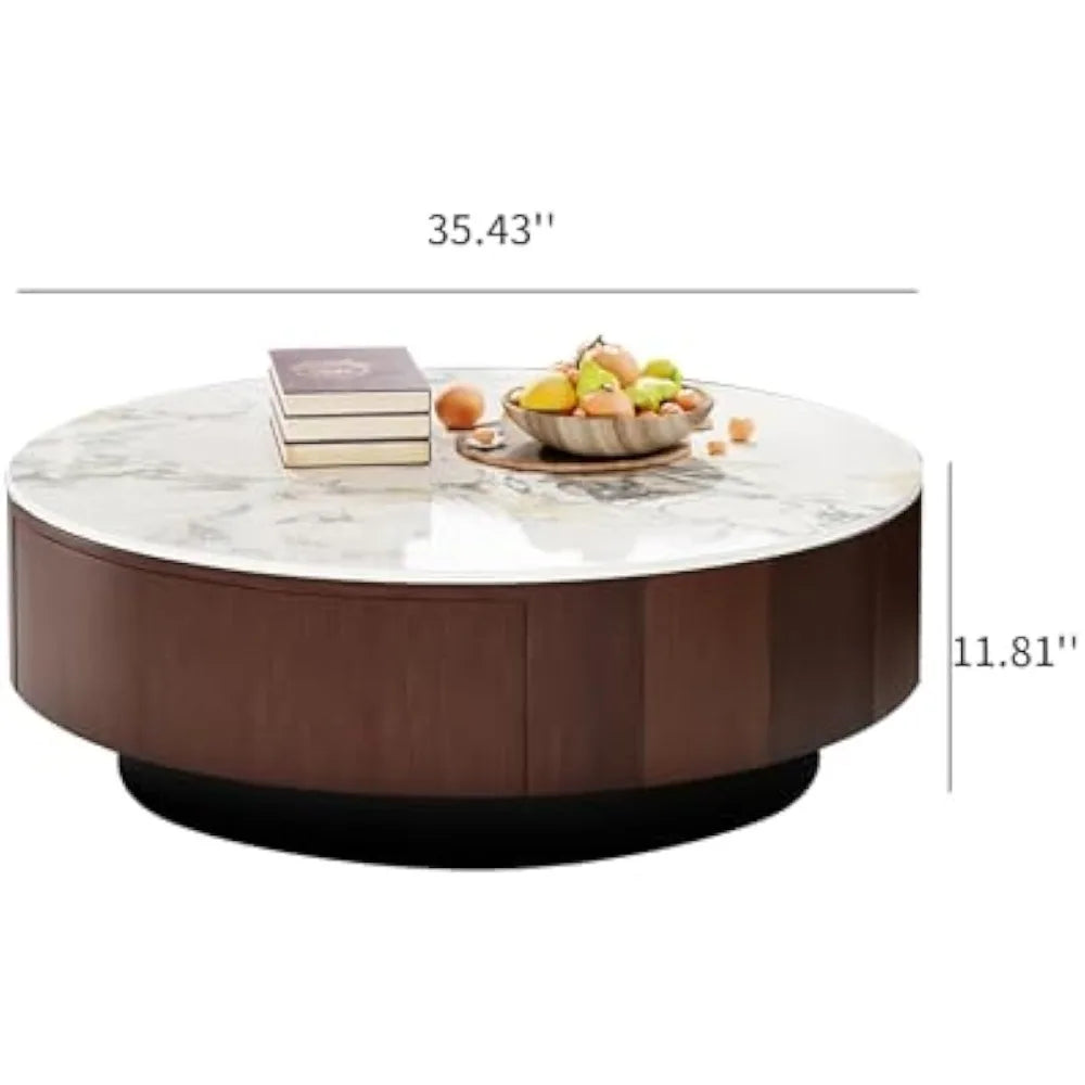 35.43" Modern Coffee Table for Living Room, Round Coffee Table with Storage Drawer, Sintered Stone Top with Metal Base