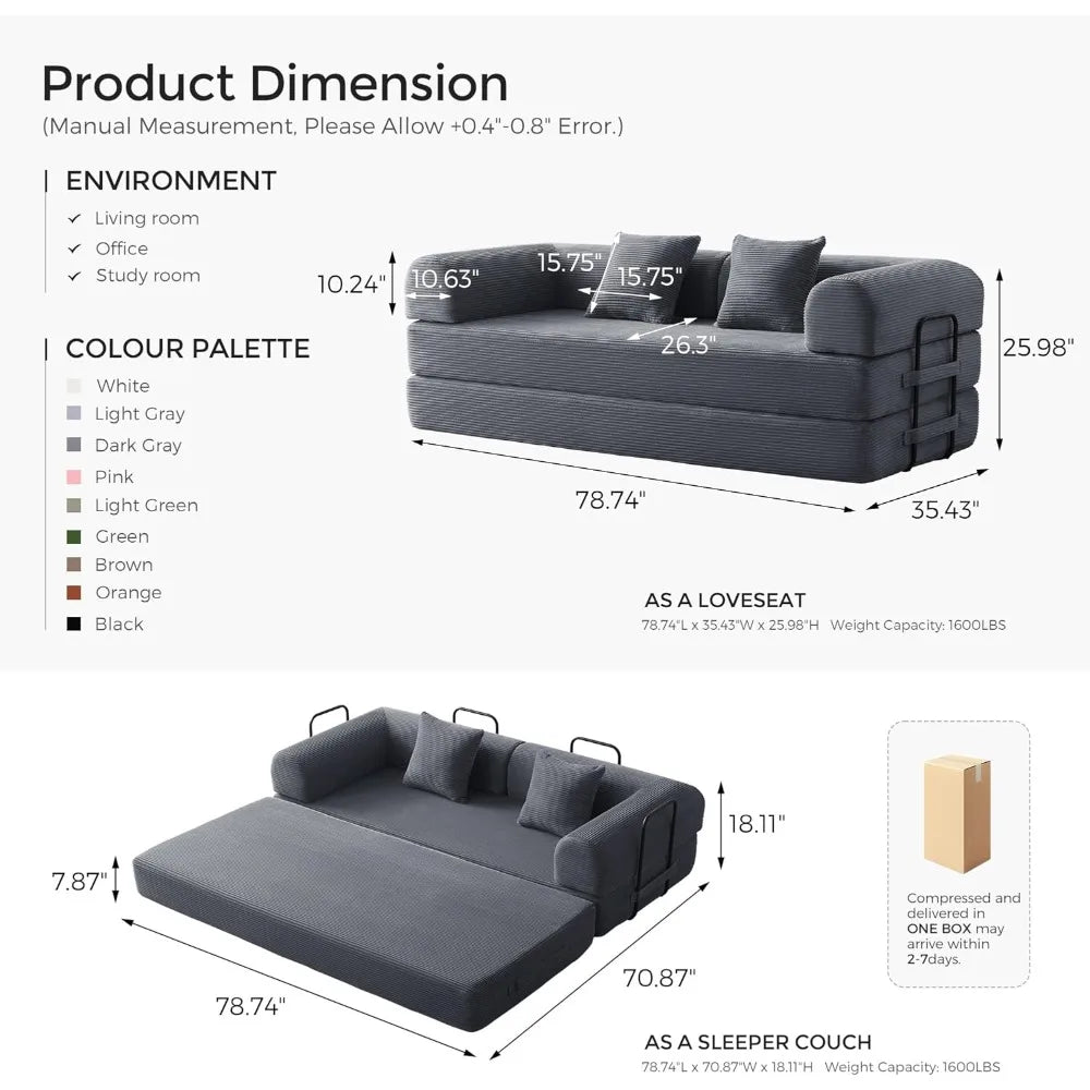 Modular Corduroy Sleeper Sofa with Removable Armrests and Fixed-Shape Frame, Folding Mattress Couch for Sleep