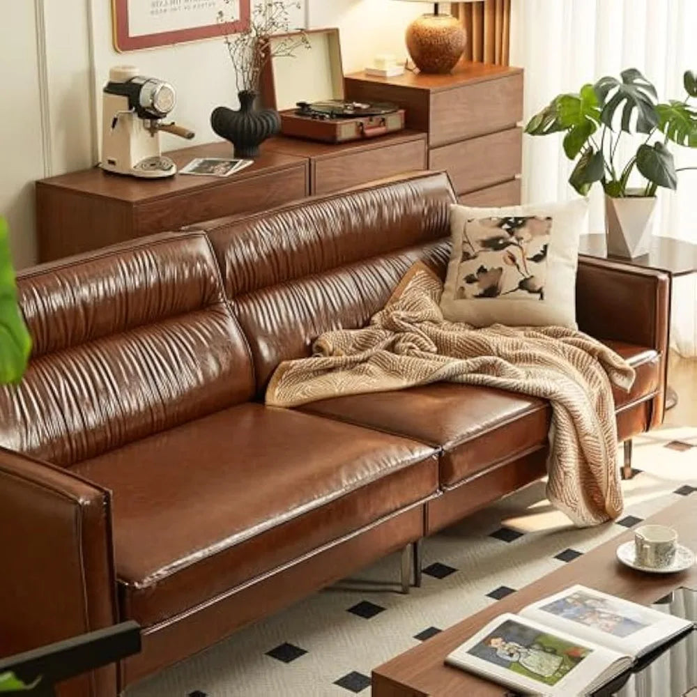Mid-Century 3-Seater Leather Sofa with Removable Backrest and Cushions, Vintage Modern Lounge Couch for Office, Apartment