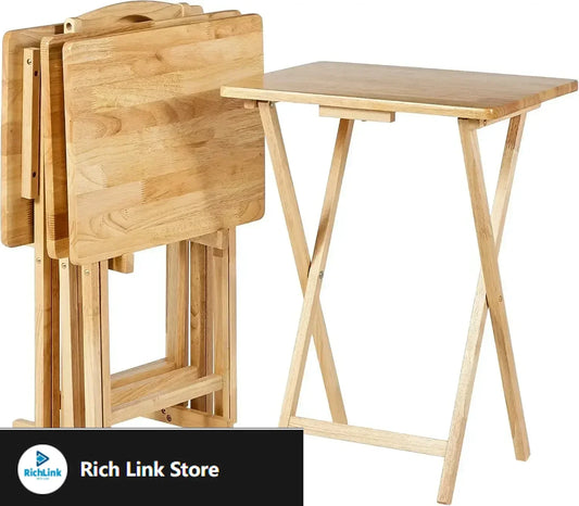 Classic TV Dinner Rectangular Folding Tray Table with Storage Rack, Natural - Set of 4 Trays, 15"D x 19"W x 26"H