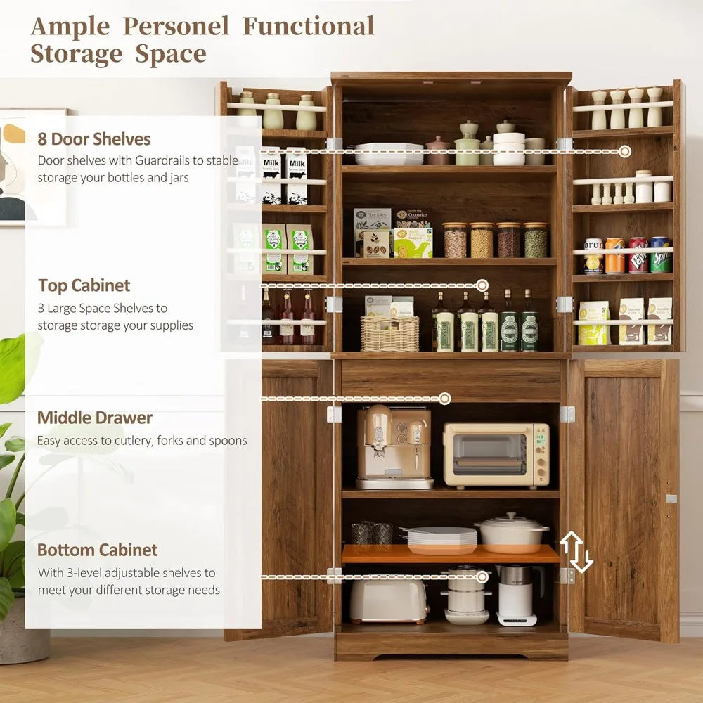 Kitchen Pantry Cabinet, Freestanding Farmhouse Storage Cabinet with 8 Door Shelves, 2 Cabinets and 1 Drawer