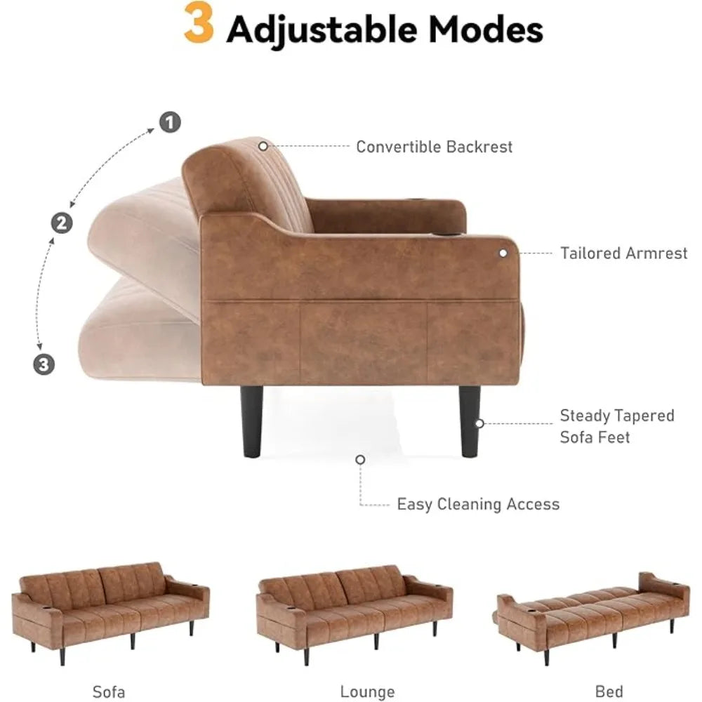 80'' Leather Couch, Futon Sofa Bed, Faux Leather Couch with Adjustable Backrest, 2 Cup Holders & Side Pockets, Mid Century
