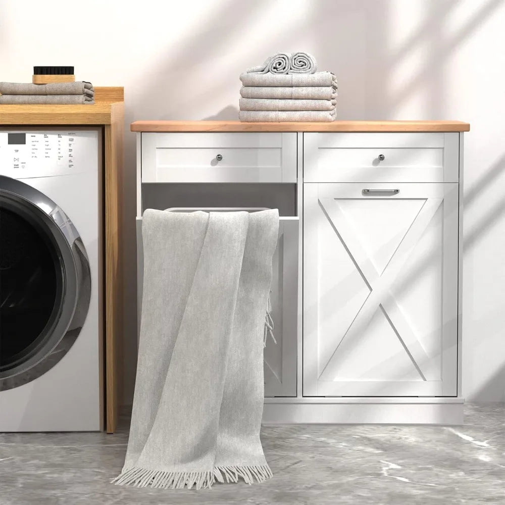 Double Tilt Out Trash Cabinet Can Bin Kitchen 20 Gallon Wooden Free Standing Laundry Sorter,Recycling Cabinet with Hideaway Draw