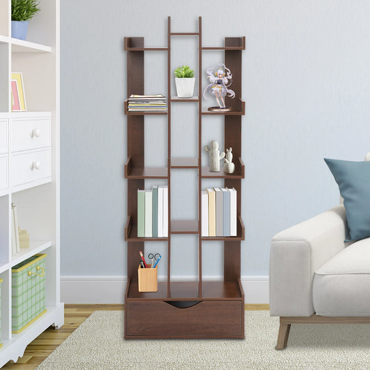 Dark Oak Color Rectangle Bookcase,Density Board 15-Compartment Bookcase with Cabinet ,51*18*142cm Floor Standing for Offices