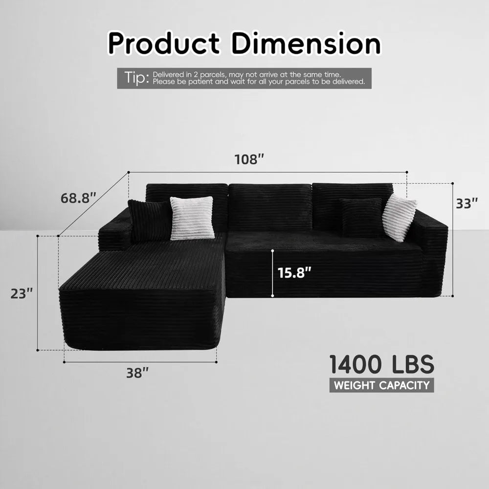 Boneless Couches for Living Room, Modular Sectional Sofa with Oversized Chaise, L-Shape Cloud Couch with Deep Seat, High-Density