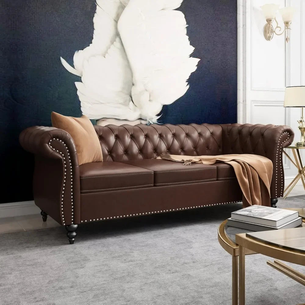 Modern PU Tufted Couch 3 Seater with Rolled Arms and Nailhead for Living Room, Bedroom, Office, Apartment