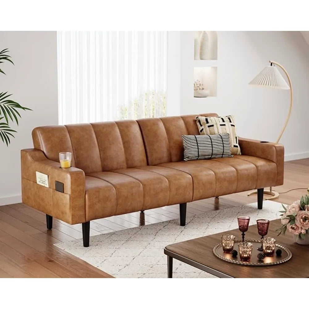 80'' Leather Couch, Futon Sofa Bed, Faux Leather Couch with Adjustable Backrest, 2 Cup Holders & Side Pockets, Mid Century