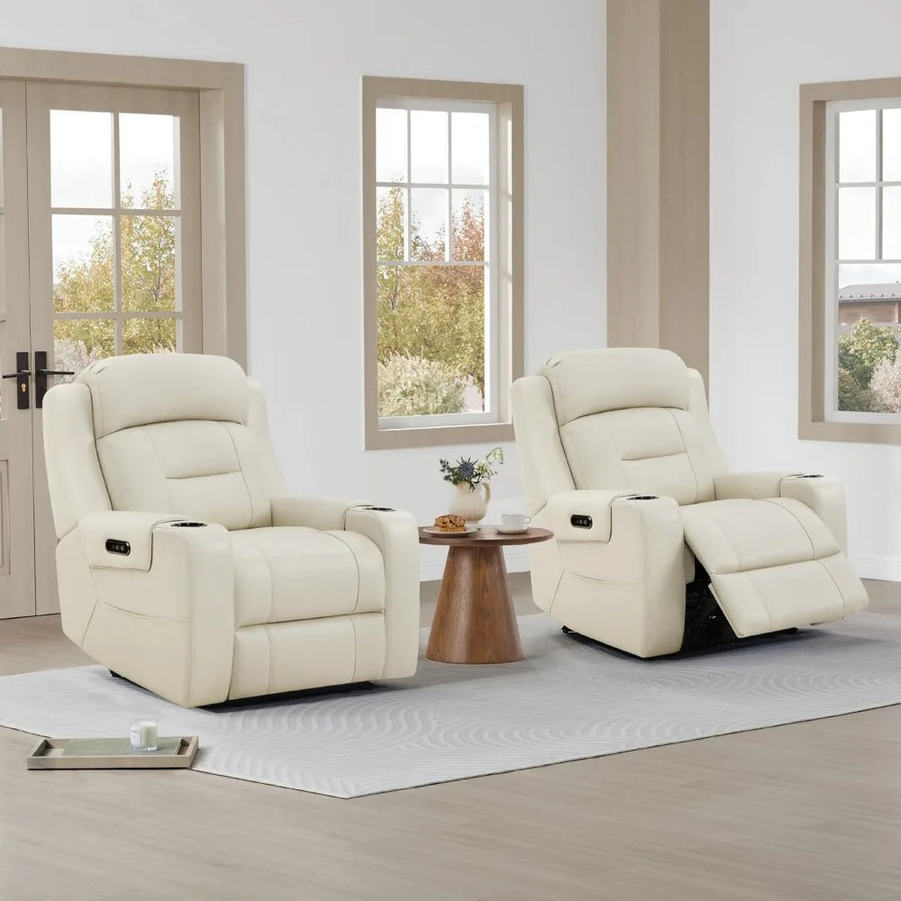 Genuine Leather Power Recliner Chairs for Adults, Lay Flat Recliner with Power Headrest, USB Ports and Cup Holders