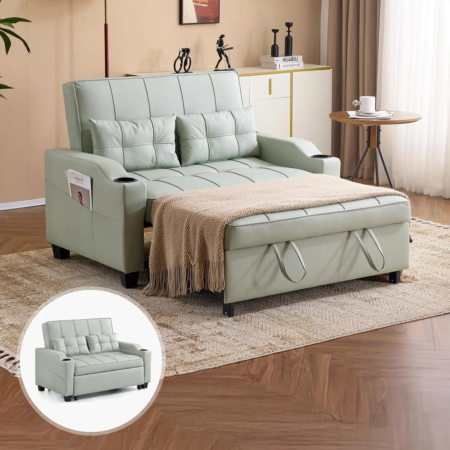 Beige Loveseat Sleeper Sofa, Convertible Futon Sofa Bed Faux Leather Pullout Couch Bed with USB Ports, Cup Holders, Armre