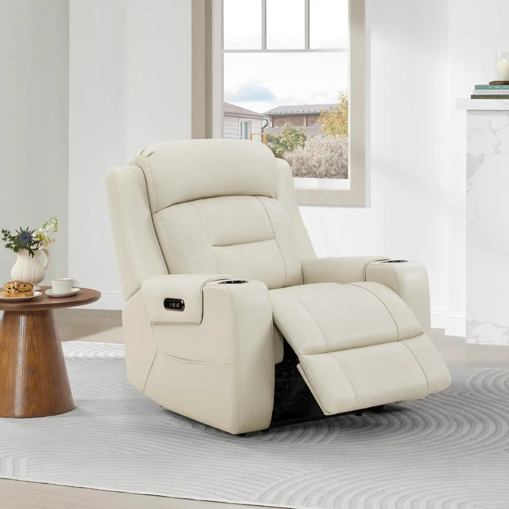 Genuine Leather Power Recliner Chairs for Adults, Lay Flat Recliner with Power Headrest, USB Ports and Cup Holders