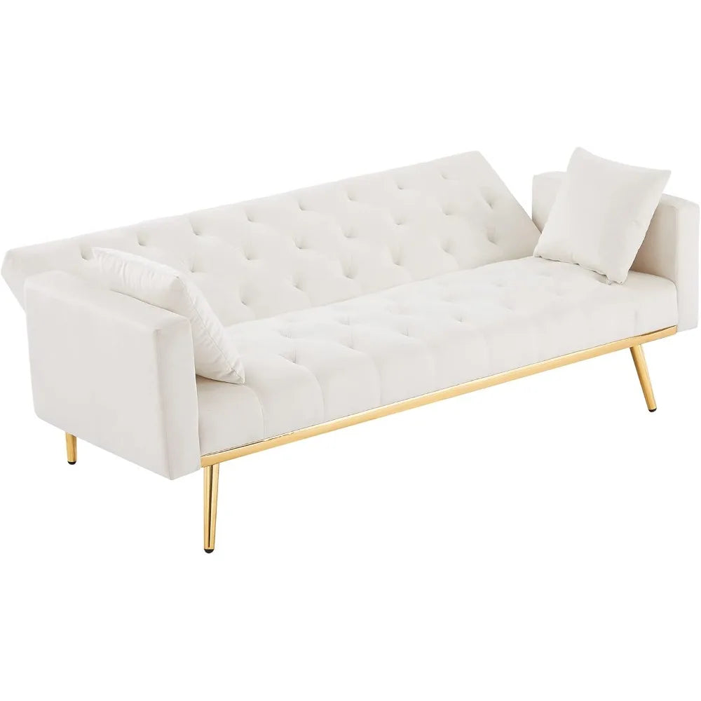 Convertible Velvet Futon Sofa Bed,Sleeper Sofa Couch with Two Pillows and Golden Metal Legs for Living Room (Cream White)