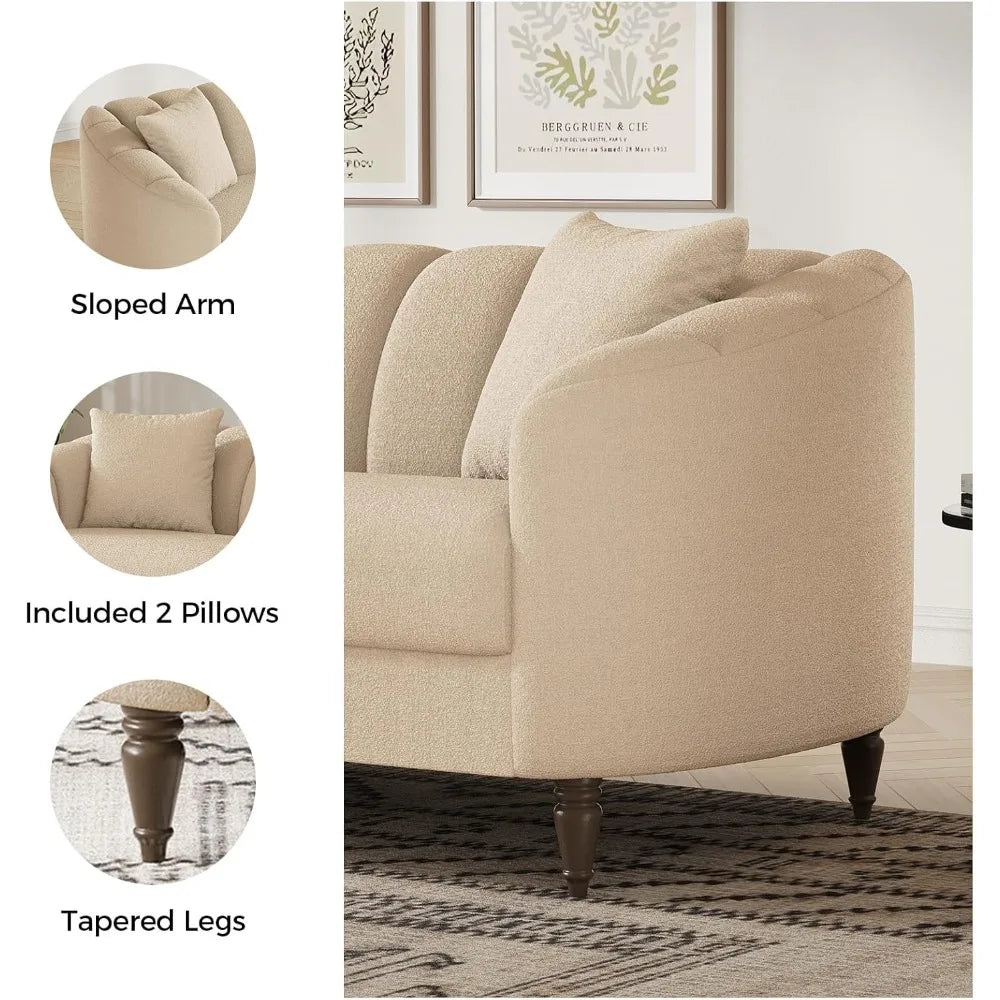 83” Modern Boucle Sofa, Minimalist Style Comfy Loveseat with 2 Pillows, Luxury 2 Seater Couch with Curved Armrest& Woode Leg