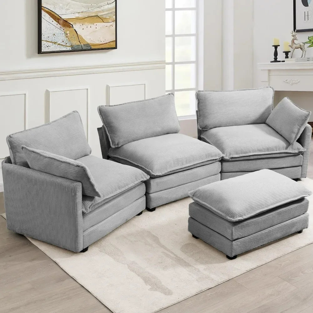 Oversized Modular Sectional Sofa with Movable Ottoman, 112 Inch 4 Seat Modern Corduroy Sofa Set, Convertible L Shaped Couch