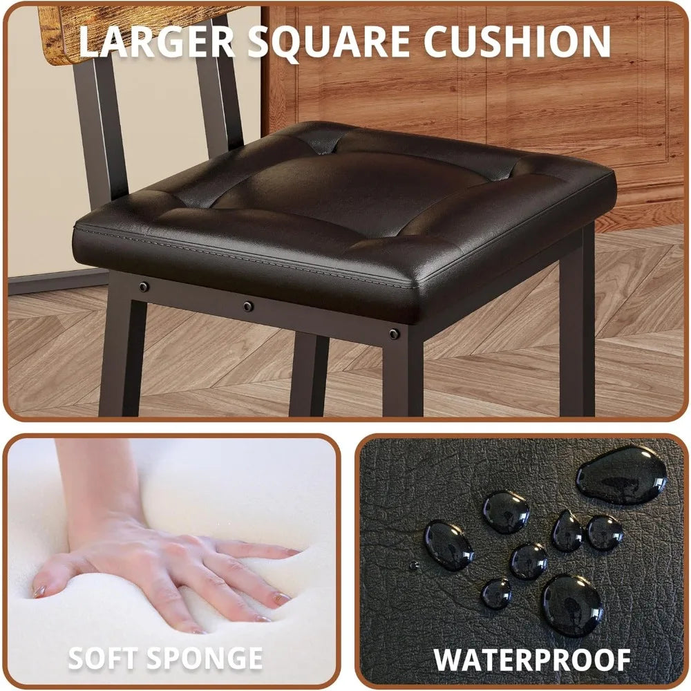 Bar Stools Set of 2, 16.5in Square PU Upholstered Barstools with Back and Footrest, Thick Cushion Stools for Kitchen Island