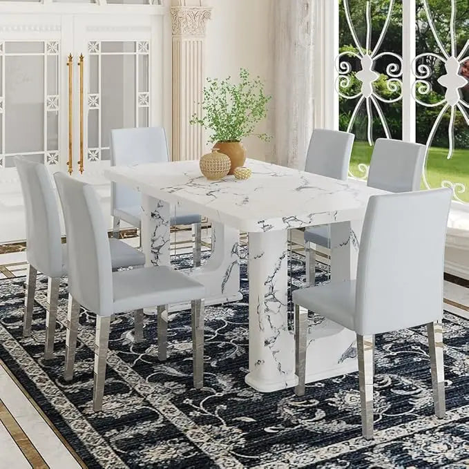 64.5" Dining Room Table Set for 6, Modern Farmhouse Wood Dining Table Set with Decorative Pedestal Legs & 6 Cushioned Chairs