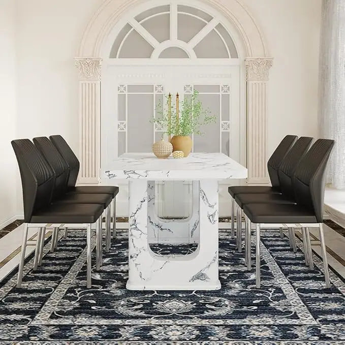 64.5" Dining Room Table Set for 6, Modern Farmhouse Wood Dining Table Set with Decorative Pedestal Legs & 6 Cushioned Chairs