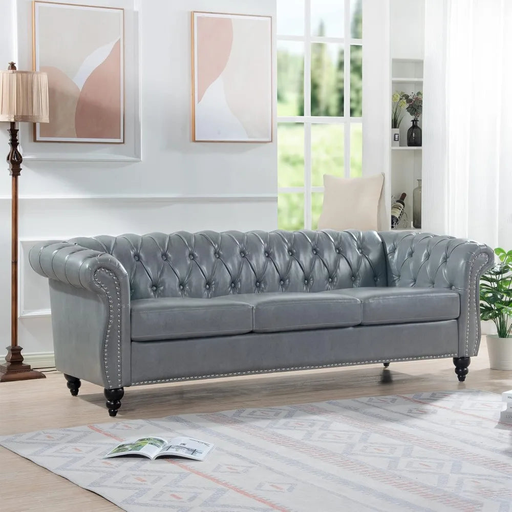 Chesterfield Sofas, 85" PU Couch,Tufted 3 Seats Living Furniture with Rolled Arm Stud Trim and Solid Wood Legs, Mid-Century Sofa