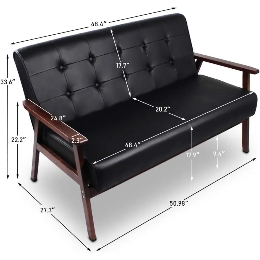 Mid-Century Modern Solid Loveseat Sofa Upholstered Faux Leather Couch 2-Seat Wood Armchair Living Room/Outdoor Lounge