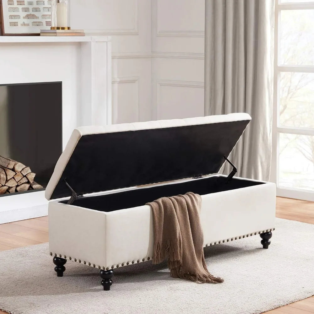 Button-Tufted Ottoman with Storage in Upholstered Fabrics, Large Storage Bench for Bedroom, Living Room, Entryway, Ottoman Benc