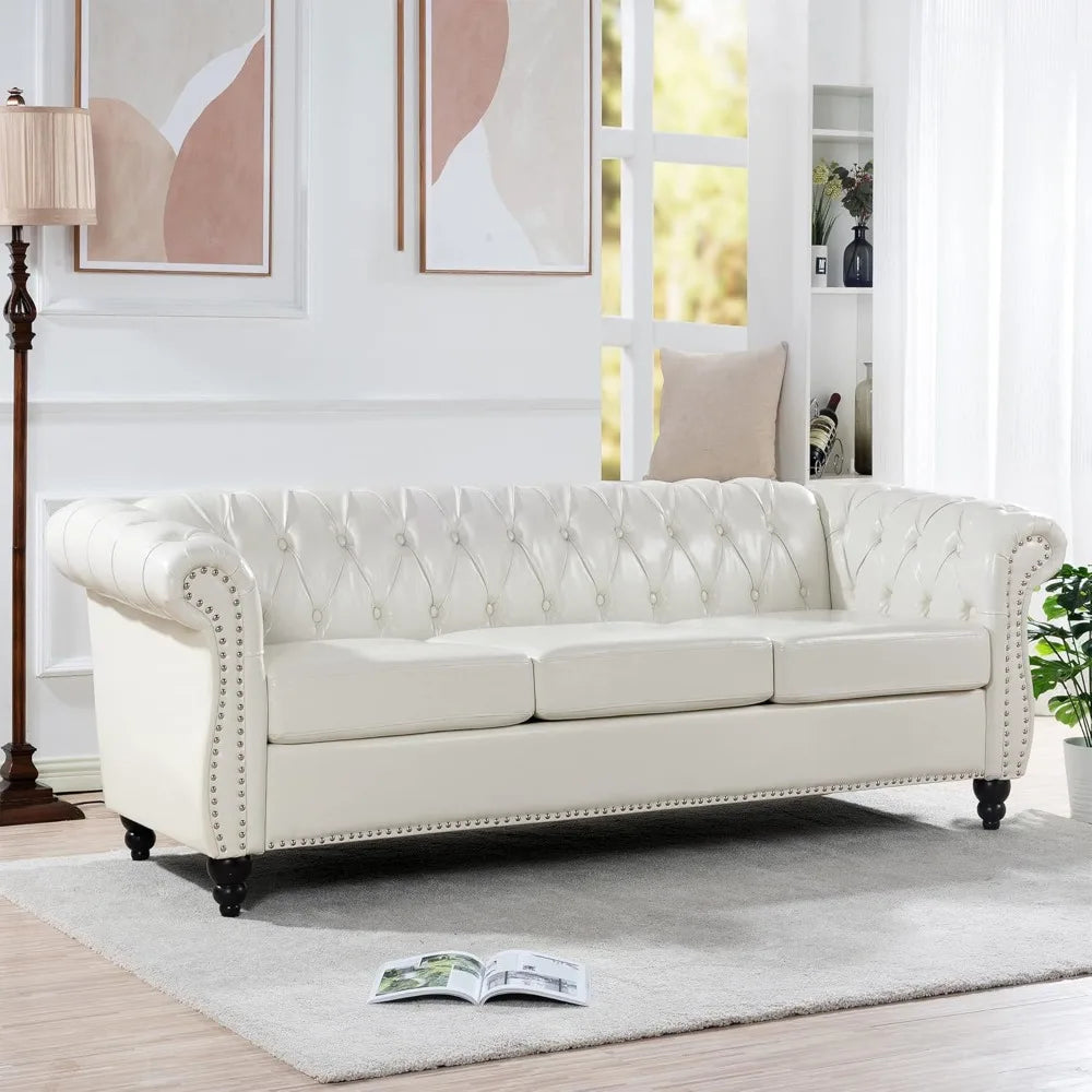 Home Sofa Living Room Furniture, 3 Seater Leather Upholstered Sofa Couch, Modern Comfy Couch with Faux Leather Cushions