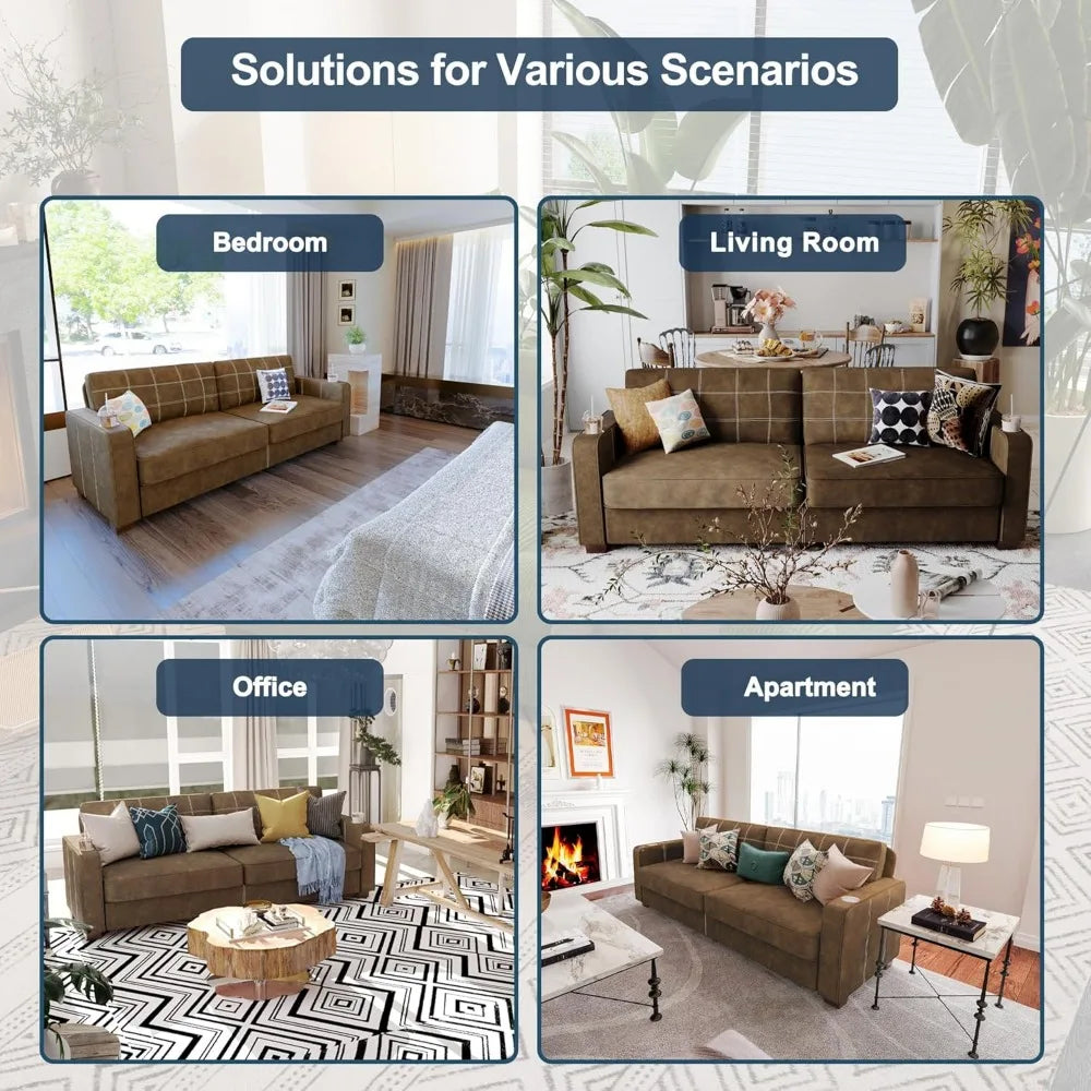 80 Inch Brown Faux Leather Sofa Couch (2 Sets) - Wide Armrests with 2 Built-in Cup Holders, Deep Seats, Contrast Stitching