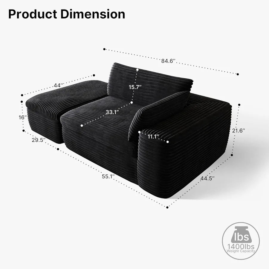 85'' Living Room Sectiol Couch with Double Layer Black Plh Corduroy Fabric 2 Seater Boneless L Shaped Cloud Couch in a Box No A