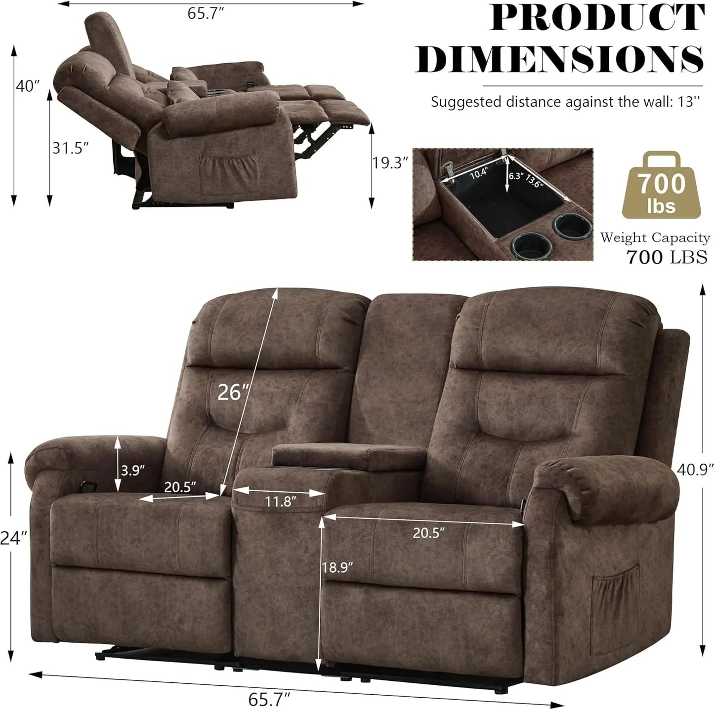 Loveseat Recliner Sofa with Console, Velvet Fabric Double Wall Hugger Reclining Couch Manual Home Movie Seating