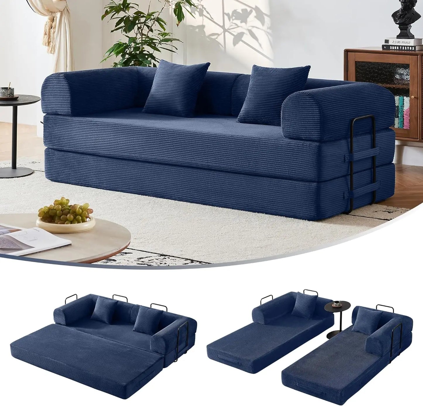 79" Compression Sofa, Convertible Sleeper Sofa Bed, Couch Bed with Fixed-Shape Frame, Corduroy Floor Sofa, Couches for Living Ro