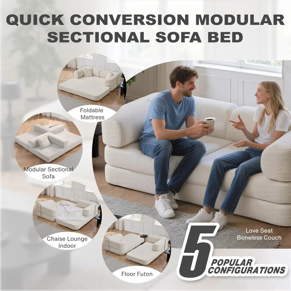 Sleeper Sofa Bed,4-in-1 Convertible Folding Boneless Couch,Foldable Love Seat with Blanket Pillow Corduroy Floor Futon Couch
