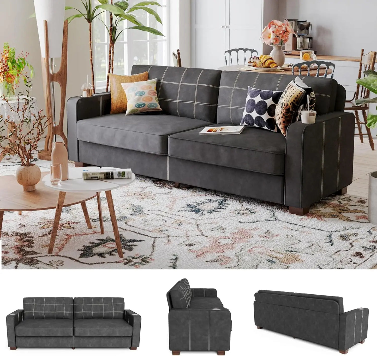 80 Inch Brown Faux Leather Sofa Couch (2 Sets) - Wide Armrests with 2 Built-in Cup Holders, Deep Seats, Contrast Stitching