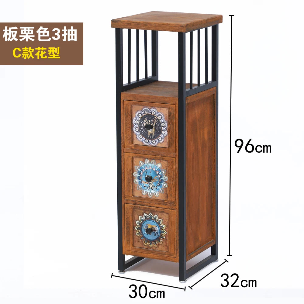 American Vintage Narrow Wooden Side Cabinet‌ Hand-Painted Slim Space-Saving Storage for Living Room Artistic Multi-Drawer Chest