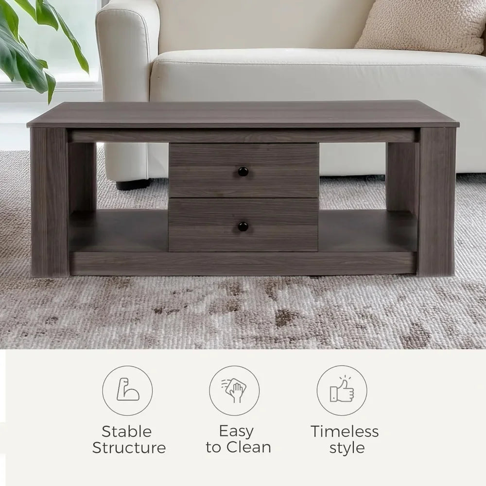 Coffee Table,Modern Wooden Rectangle Coffee Tables with Storage,2 Drawer Center Table for Living Room