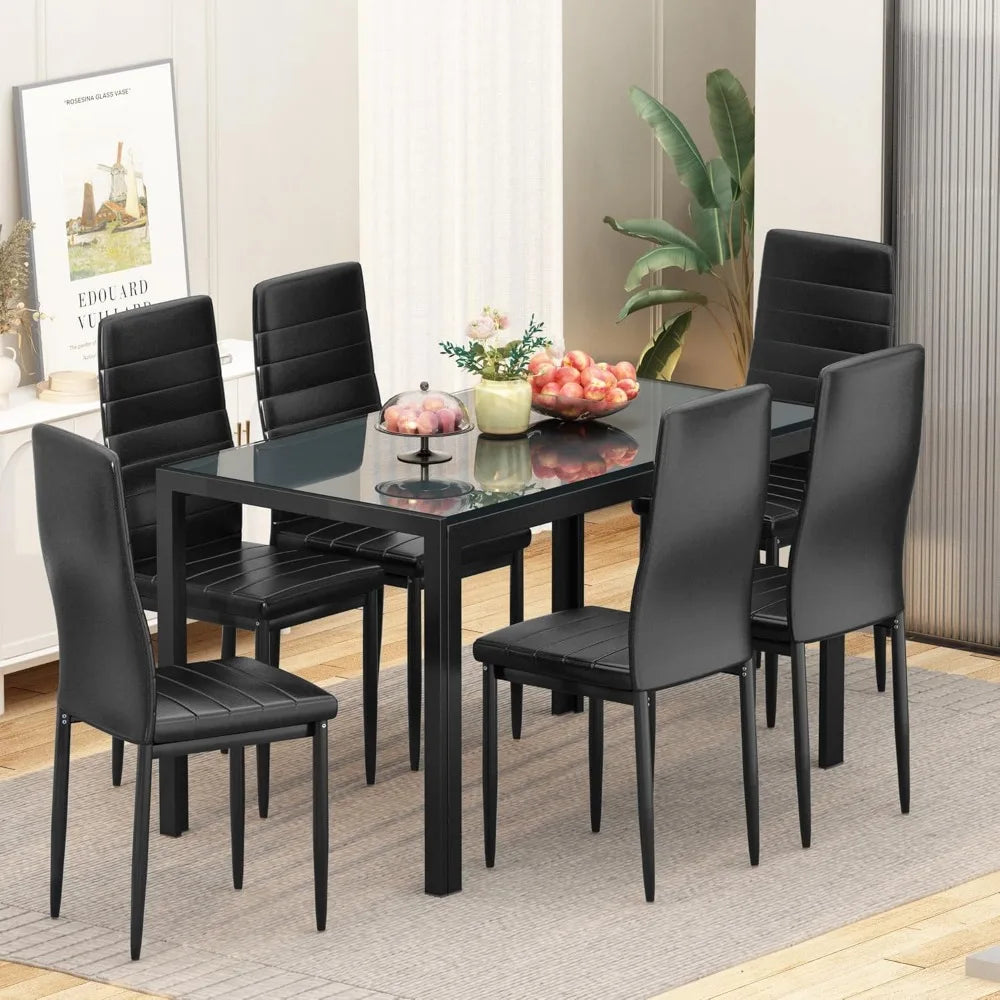 7-Piece Dining Table Set for 6, Tempered Glass Kitchen Table with PU Leather Chairs, Modern Dining Room Table Set for Small Spa